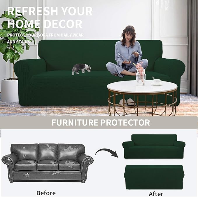Easy-Going Stretch Oversized Loveseat Slipcover 1-Piece Sofa Cover Furniture Protector Couch Soft with Elastic Bottom for Kids Polyester Spandex Jacquard Fabric Small Checks Dark Green