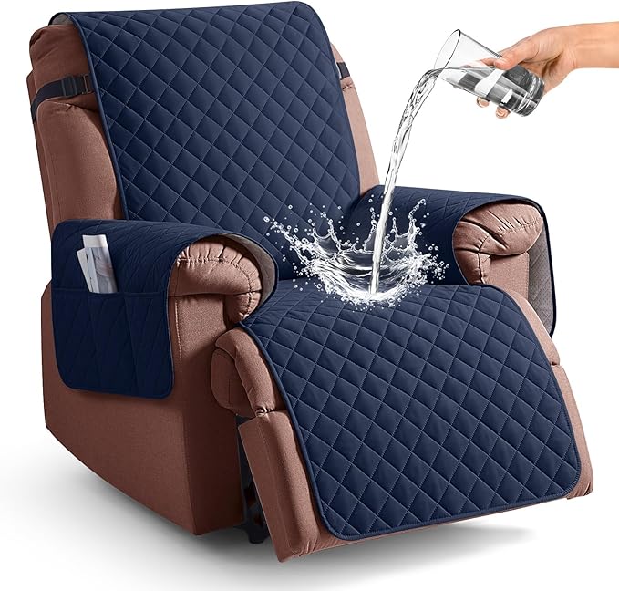 KinCam 100% Waterproof Recliner Chair Cover, Reclining Couch Covers for Pets, Dogs, Recliner Couch Slipcover Furniture Protector with Elastic Straps for Kids(28", Dark Blue)