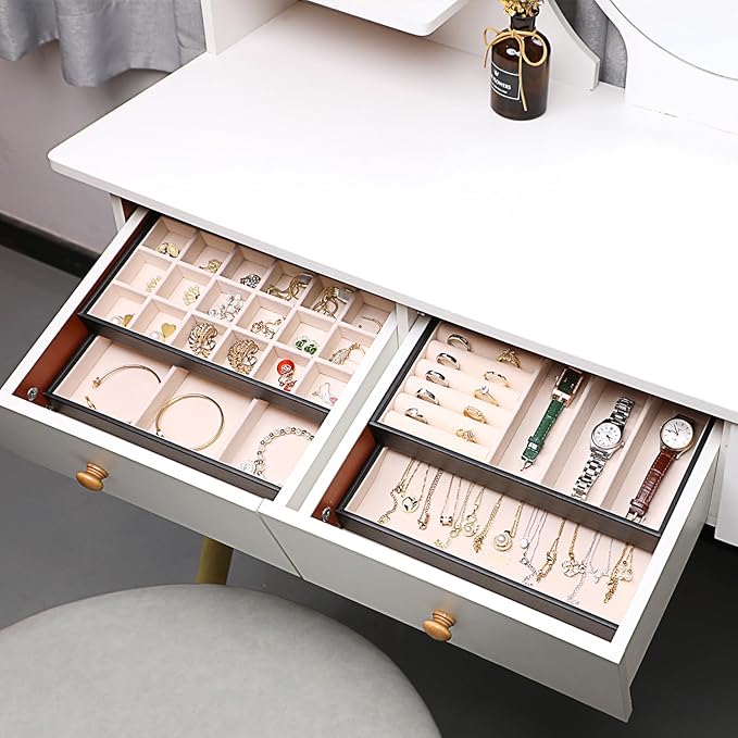 LANDICI Stackable Jewelry Organizer Trays 4 Set,PU Leather Jewelry Organizer Drawer,Jewelry Storage Display Tray for Earring Necklace Rings Bracelet with Removable Dividers,Black