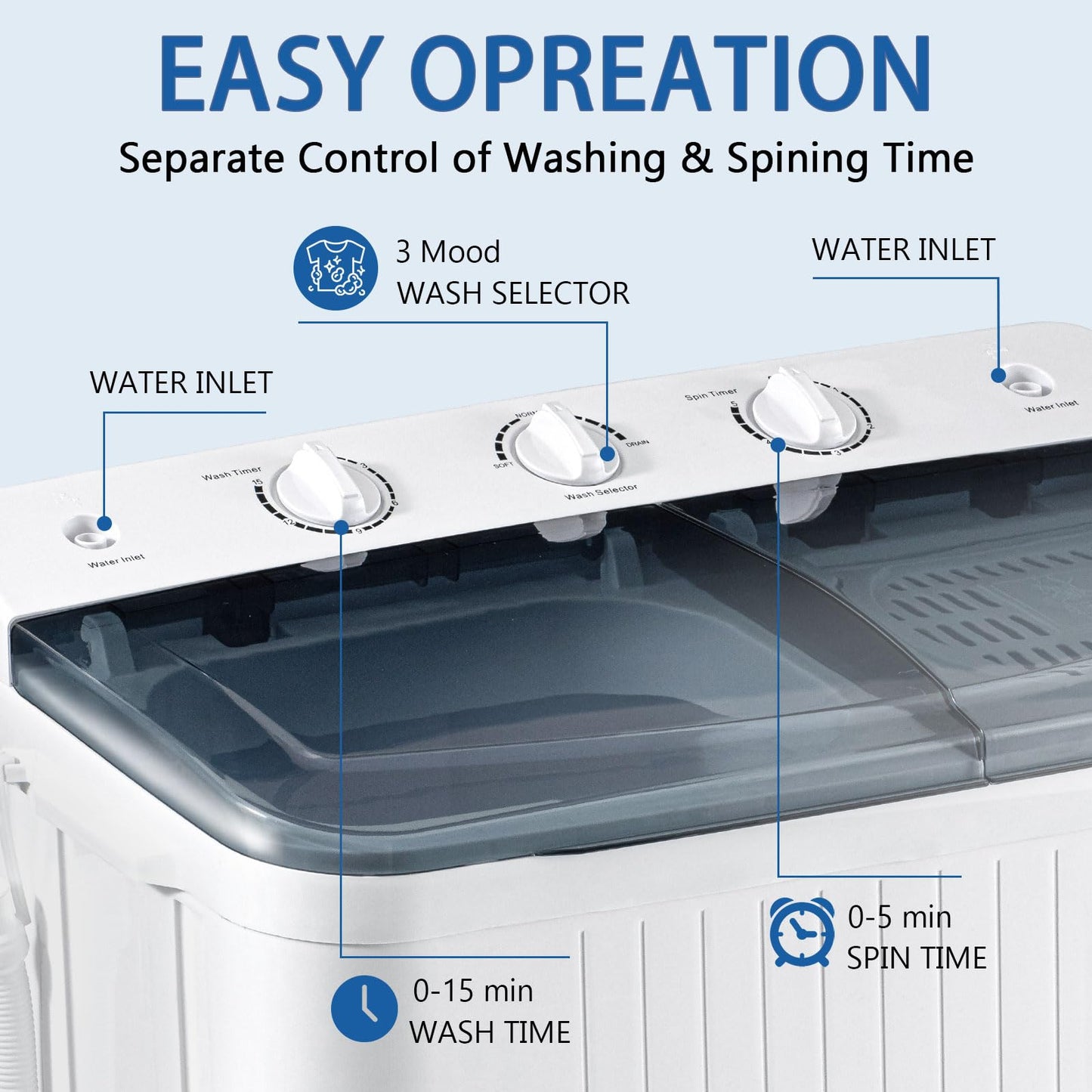 DOGHLY Portable 32Lbs Twin Tub Washer + 1.8 Cu.Ft Dryer Combo, 20Lbs Washing & 12Lbs Spinning, 5 Modes Rotary Heating Dryer, Stainless Steel Drum, Washer and Dryer Combo Set for Apartment, Dorm, RV