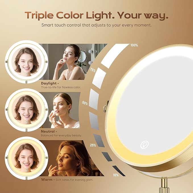 Makeup Mirror with Lights, 1x/20x 360ÃÂ° Rotation Vanity Mirror, Brightness Adjustable Lighted Makeup Mirror with Magnification, 5000 mAh Rechargeable Double Sided Mirror with 3 Colors, Gift for Women