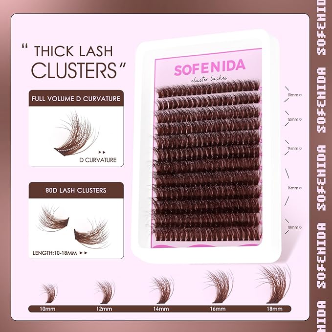 SOFENIDA Brown Lash Clusters Dark Brown 80D Individual Cluster Lashes 10-18mm Volume Eyelash Extension Cluster Eyelash Extensions 3D Thick Lash Clusters Wispy Lashes Clusters(Brown 80D-10-18MIX)