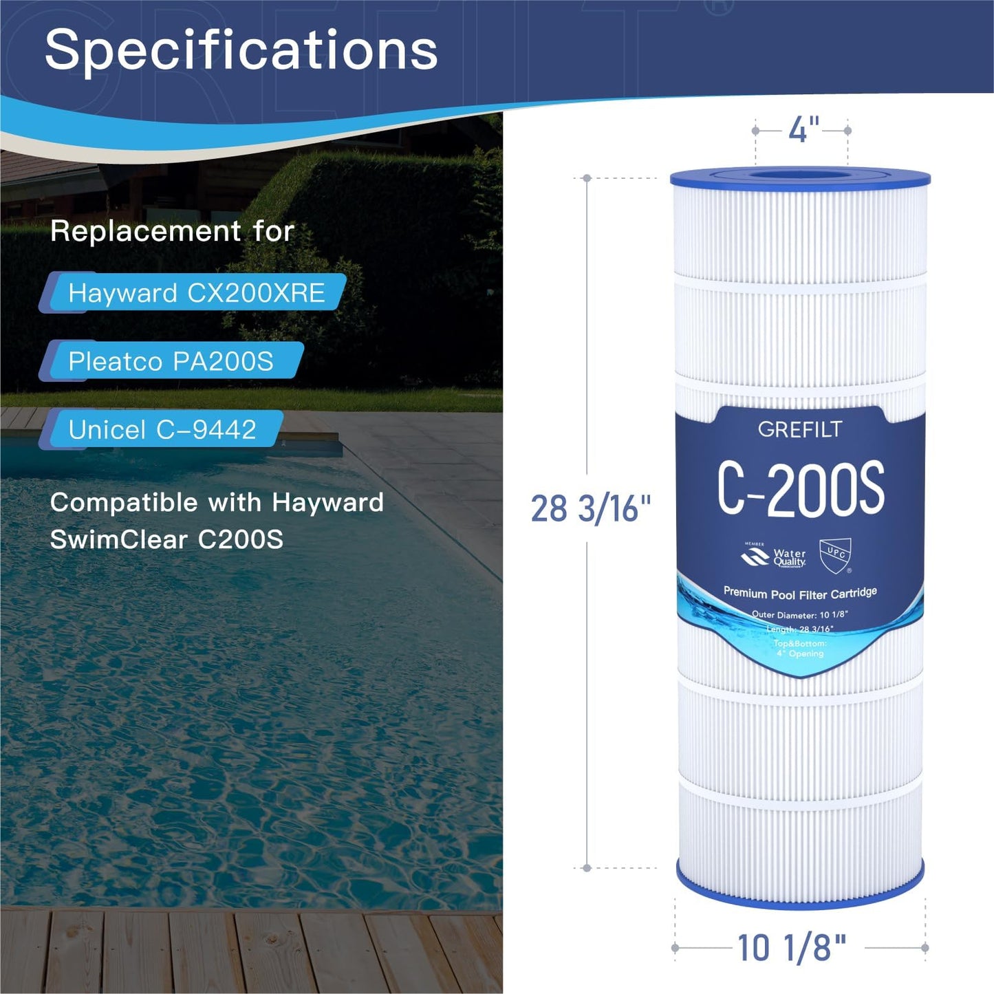 Grefilt C200S Pool Filter Cartridge, Compatible with Hayward CS200E, CX200XRE, Replaces Pleatco PA200S, Ultral-D5, 200 sq. ft