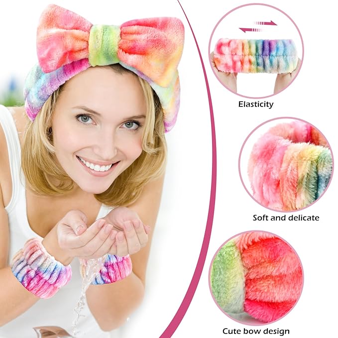 3PCS Spa Headband and Wristbands Set for Women, Soft Microfiber Face Wash Headband with Cute Bow, Elastic Absorbent Wrist Towels, Makeup Skincare Accessories for Facial, Shower, Yoga