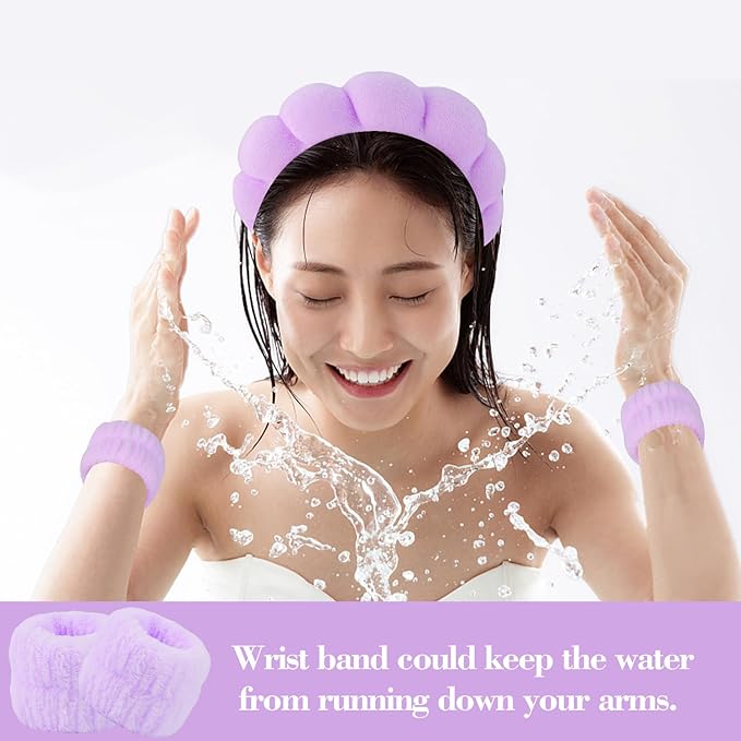 SuPoo Hairband, 6pcs Purple Spa Headband and Wristband Set, Soft Microfiber Material, Perfect Size, Strong Water Absorbent, Multi-Function Use for Skincare, Sports, Yoga, Makeup, Shower
