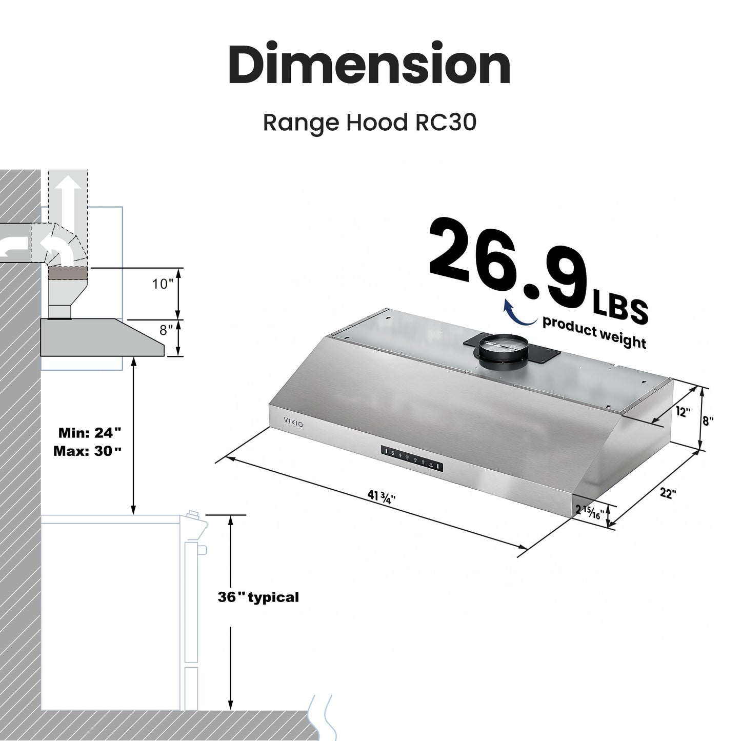 VIKIO HOME 42 Inch Under Cabinet Range Hood with 1200CFM, Range Hood,Stainless Steel Vent Hood with 3 Speed,1.5 Sones Quiet Dual Turbine Motor,Safe Baffle Filters for Kitchen Stove