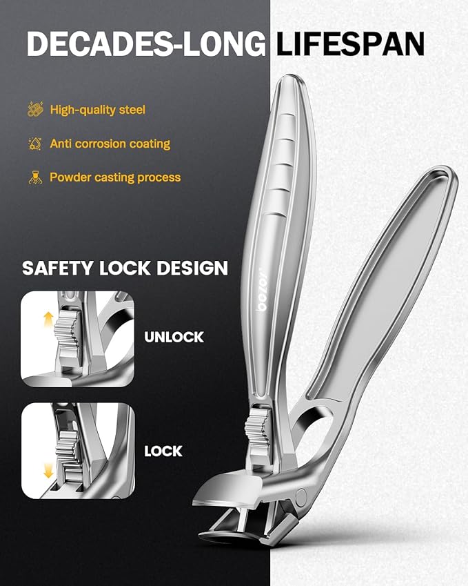 BEZOX Curved Toenail Clippers for Seniors – Safety Lock, Wide Opening, and Anti-Slip Grip Nail Clipper for Thick Nails - Silver