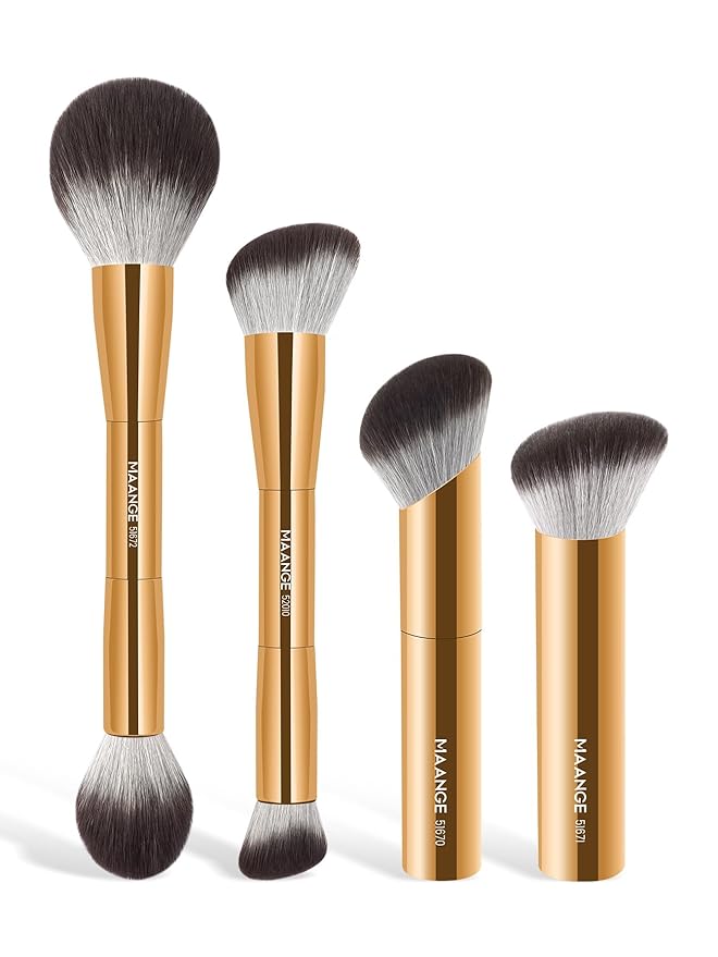 MAANGE 4-Piece Gold Cosmetic Brush Set: Double-Ended Angled Kabuki, Foundation, Blush & Contour Brushes for Face Makeup