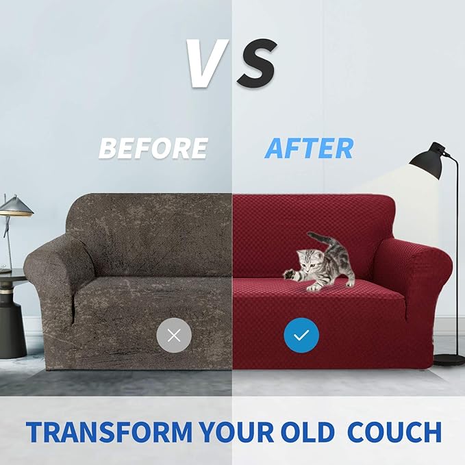 ZNSAYOTX 1 Piece Jacquard Couch Covers for 3 Cushion Couch Living Room High Stretch Sofa Cover Pets Dogs Friendly Anti Slip Thickened Slipcovers Furniture Protector (Sofa, Wine Red)