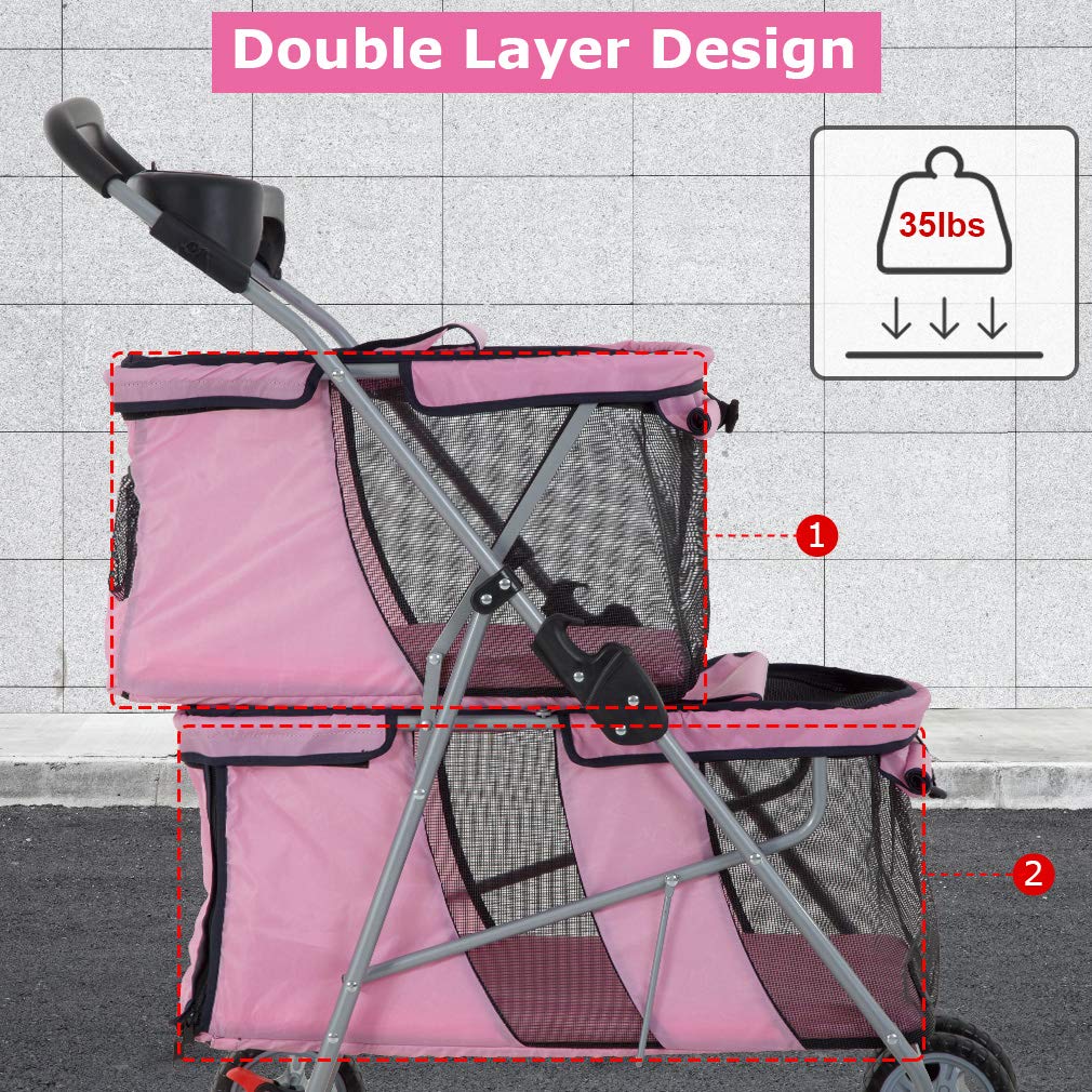 Dog Stroller Cat Pet Carriers for Small Medium Dogs Cats Travel Camping 4 Wheels Lightweight Folding Crate Stroller with Soft Pad (Pink)