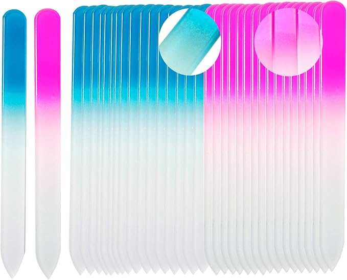 SIUSIO 40 Pack Professional Czech Crystal Glass Nail Files for Natural Nails Double Sided Etched Surface Files Gradient Rainbow Color for Acrylic Nail Emery Boards & Buffer (Pink&Blue)