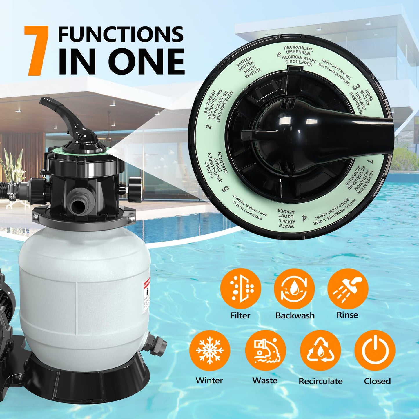(24H Timer) VINGLI 10 in Sand Filter Pump with Filter Balls, 1189 GPH 1/3 HP High Flow Pool Pump with 7-Way Valve for Above Ground Swimming Pools Up to 6600 Gallons
