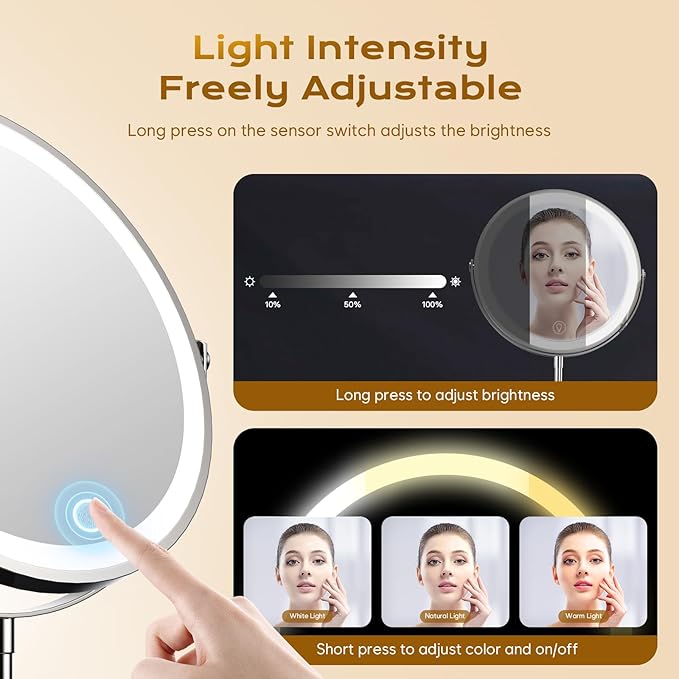 9" Makeup Mirror with Lights, 20X Vanity Mirror with Lights,3 Color Height Adjustable Lighted Makeup Mirror with Magnification, 5000mAh Rechargeable 360° Double Sided LED Mirror for Desk, Women Gift