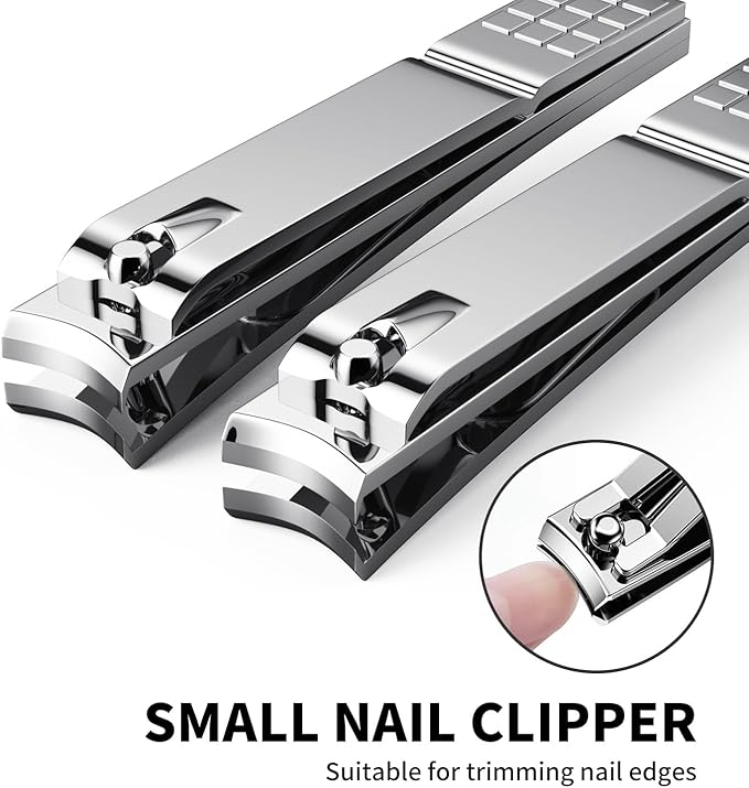 Derlaier Nail Clippers Set - Toenail Clippers & Fingernail Clipper Combo, Dual-Size Stainless Steel Nail Cutters for Home/Travel, Anti-Slip Grip, Ingrown Nail Care Tool (Silvery-Large/Large)
