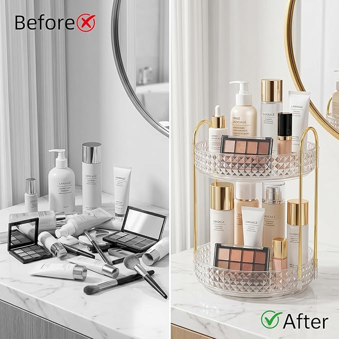 Fangoo 2 Tiers Clear Rotating Makeup Organizer for Vanity, 360 Spinning Skincare Organizers for Dresser Perfume Organizer Large Skincare Make up Storage Cosmetic Organizer for Bathroom Countertop