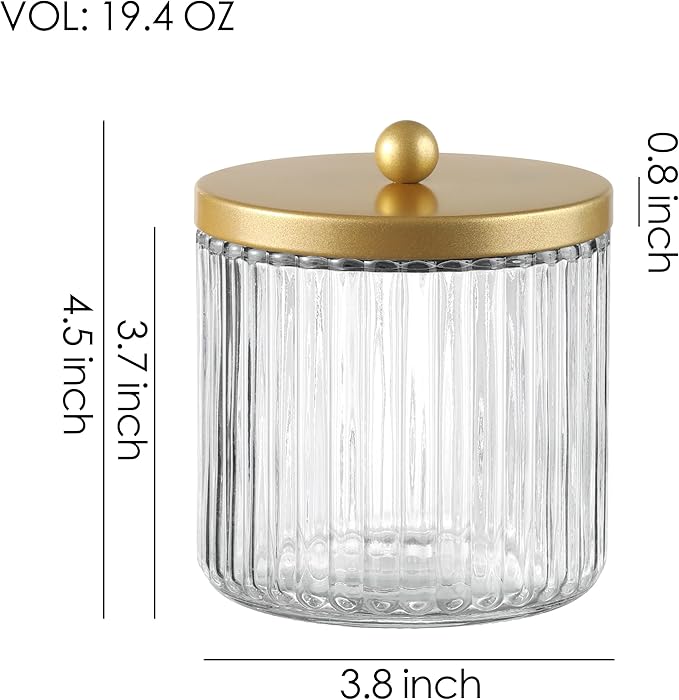 KMwares Matte Golden Yellow Set of 2 Glass Qtip Holder Dispenser Set for Cotton Ball, Swab, Round Pads, Floss Picks - Bathroom Canister Storage Organization and Vanity Makeup Organizer