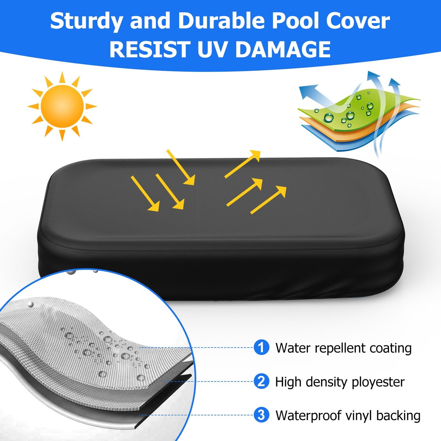 Rectangular Pool Cover for Inflatable Pool, Fits Blow Up Pool Size 120" L x 72" W, Built-in Elastic Band and Extra Buckle to Prevent Slipping, 10' x 6' Rectangle Above Ground Swimming Pool Cover
