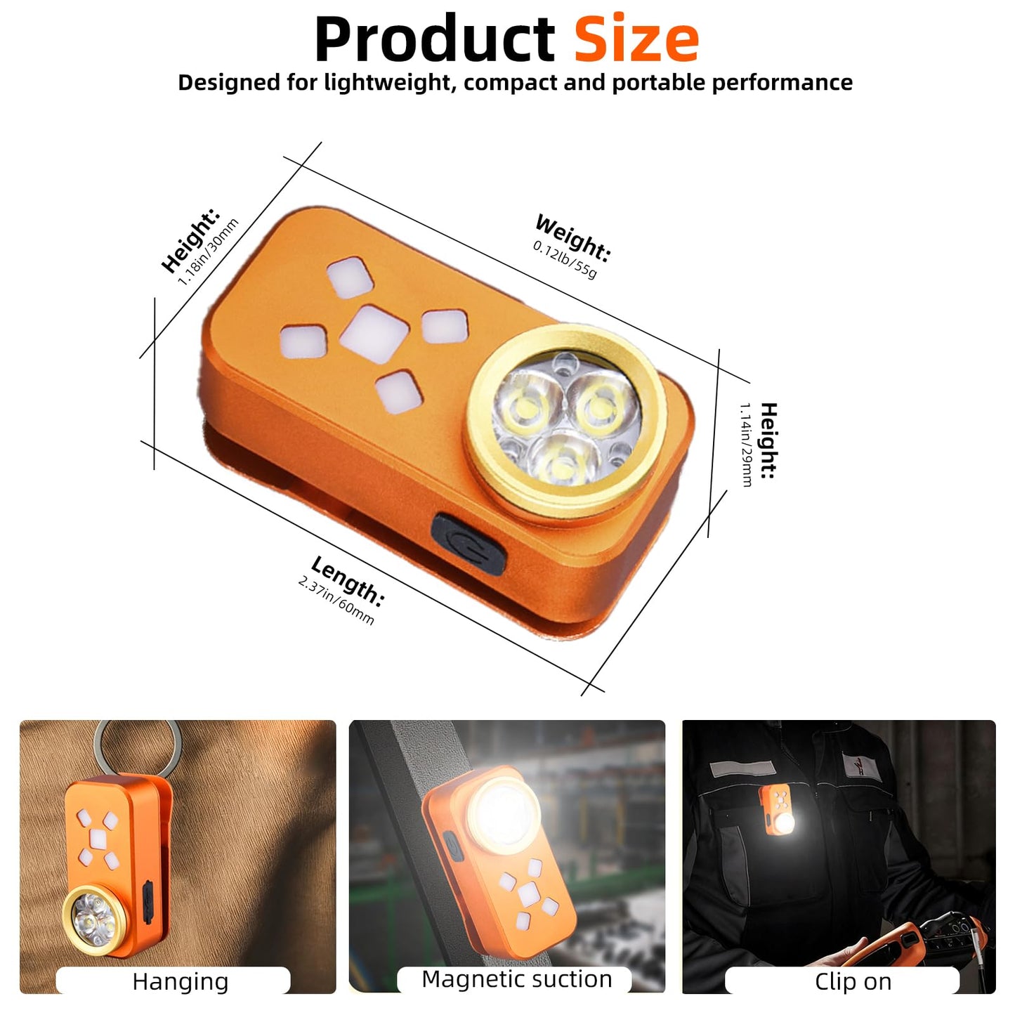 FOSFIS Rechargeable EDC Flashlight, 500 Lumens Portable Clip On Light, Pocket Flashlights Rechargeable, IP68 Waterproof Mini EDC Light for Signaling, Camping, Emergency (Orange)