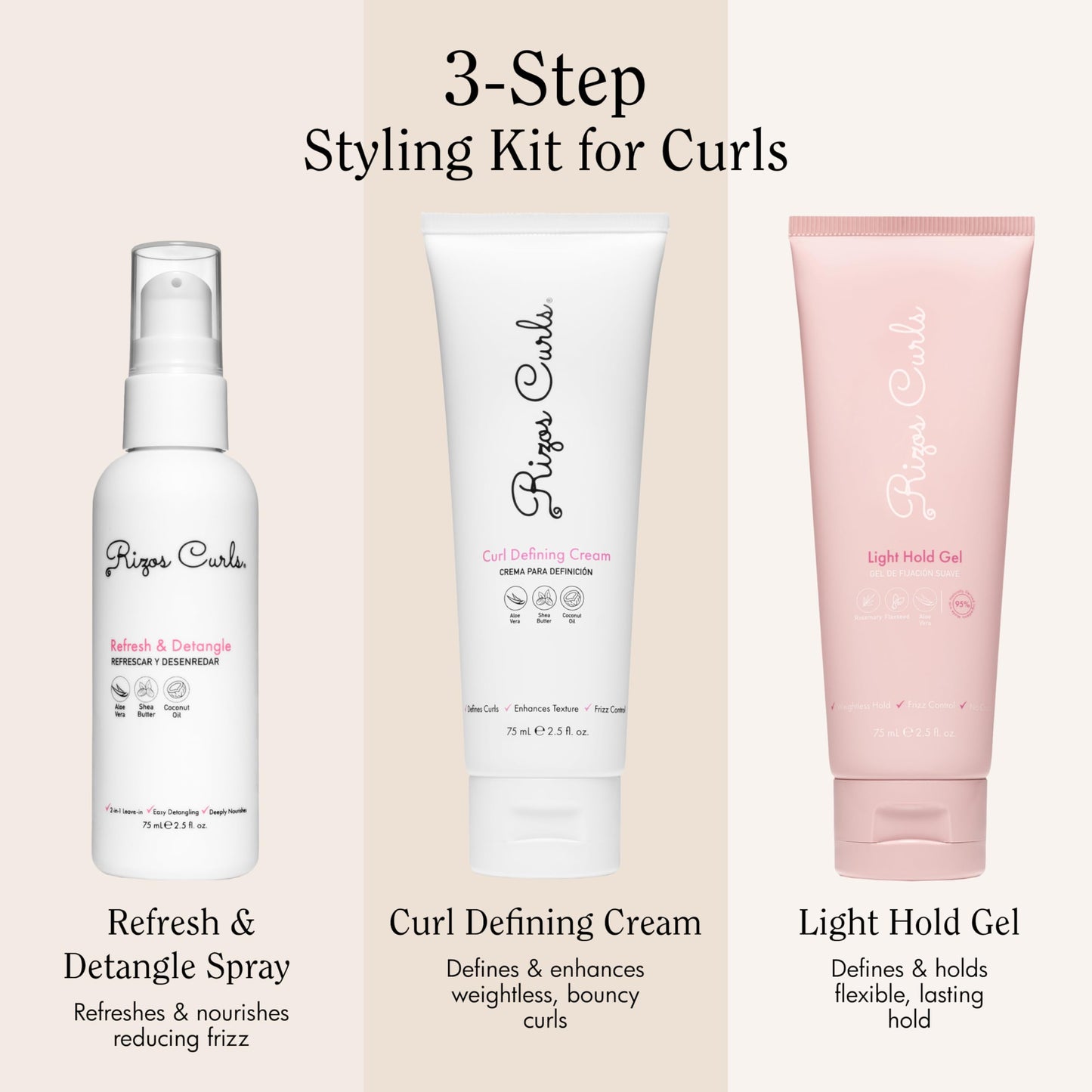 Rizos Curls 3-Step Styling Kit - Define, Style, Hold with Curl Defining Cream, Light Hold Gel & Refresh Spray – Enhances Shine, Moisture & Frizz Control for All Curl Types 2c–4c – Sulfate Paraben Free