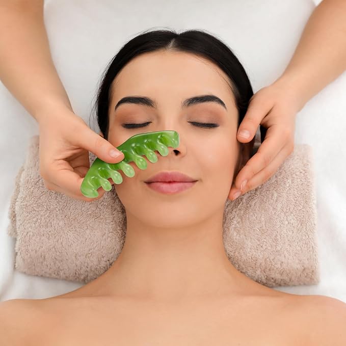 Geiserailie 2 Pcs Jade Combs Esthetician Supplies Massage Stone Hair Gua Sha Scraping Scalp Comb Facial Massage Tool Handheld Head Tools Head Caring Therapy Valentines for Women(Dark Green Style)