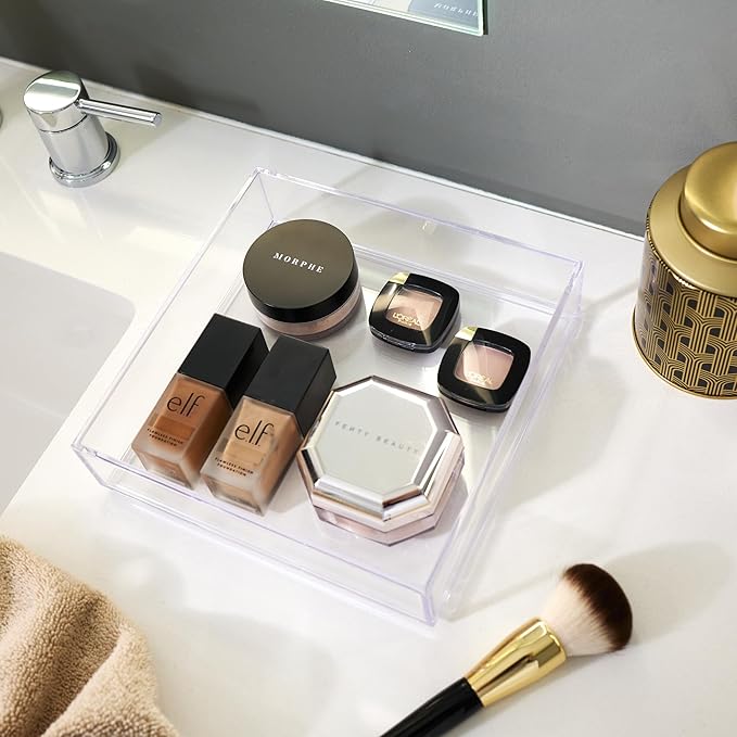 iDesign Stackable Makeup Drawer Organizer Tray - Vanity Organizer or Desk Organizer, Set of 4, Clear