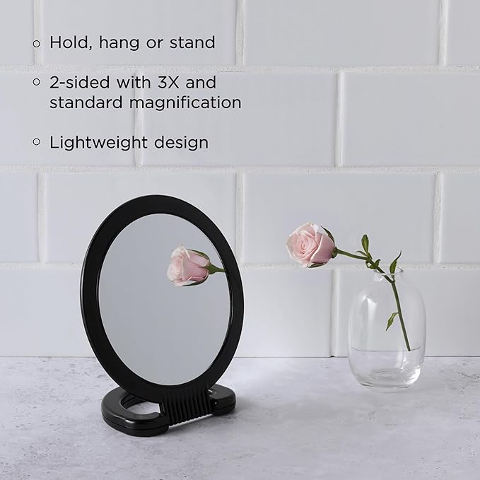 Diane Hand Mirror – Double-Sided 1X and 3X Magnification, Lightweight Portable Handheld Mirror with Handle, Ideal for Makeup, Shaving, & Everyday Beauty, Compact Size for Travel & Gym – 6" Diameter