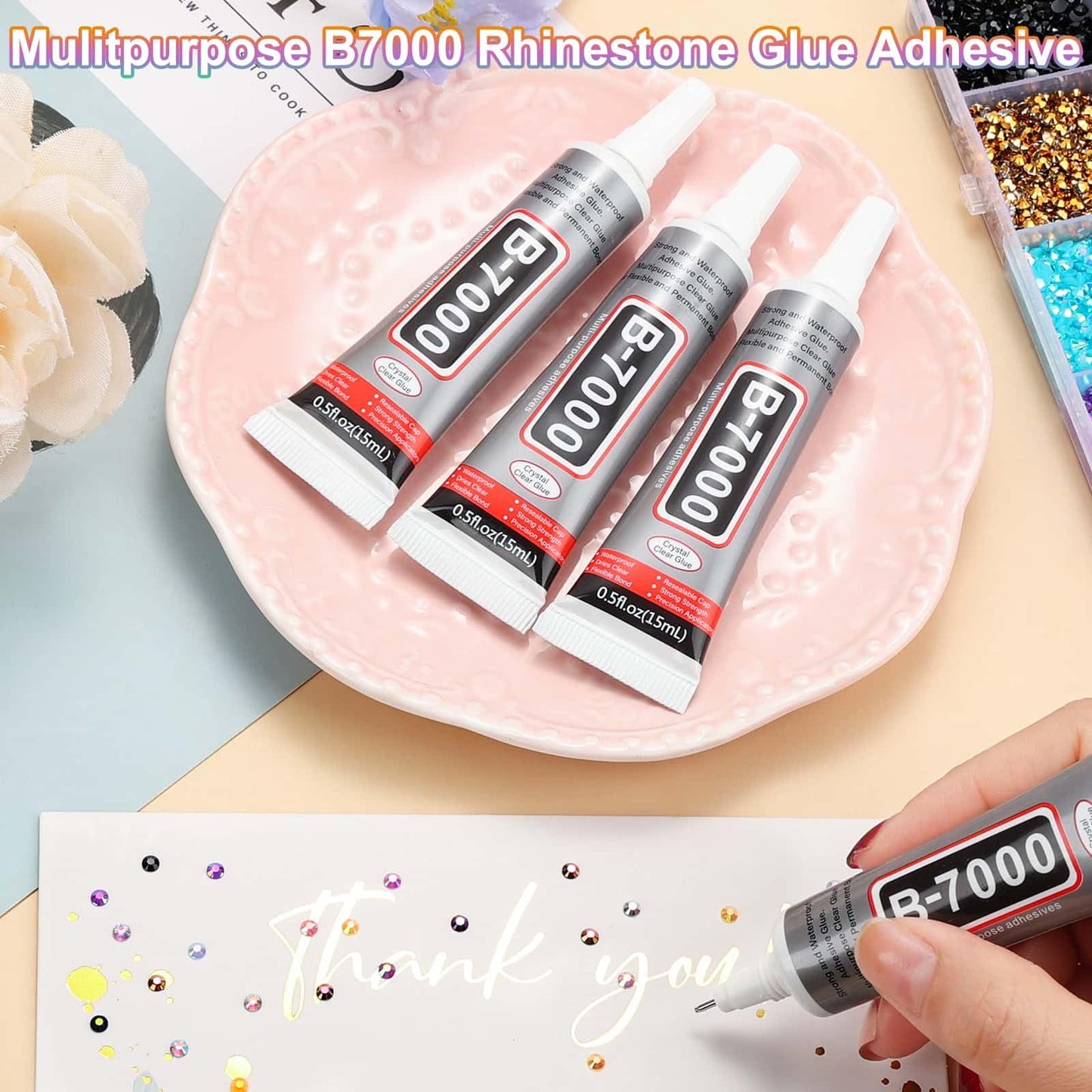 B7000 Glue with Rhinestones for Bedazzling Crafting, 31200Pcs Rainbow Crystals 3MM Flat Back Gems with Jewelry Glue Adhesive for DIY Graduation Cap Decorations Phone Case Wedding Shoes