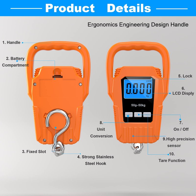 SKEAP Digital Fish Scale Hanging Scale Fishing Scale,110lb/50kg Luggage Scale,Upgrade Large Handle & Backlit LCD Display, Electronic Balance Digital Fishing Postal Scale,Orange,Fishing Gifts for Men