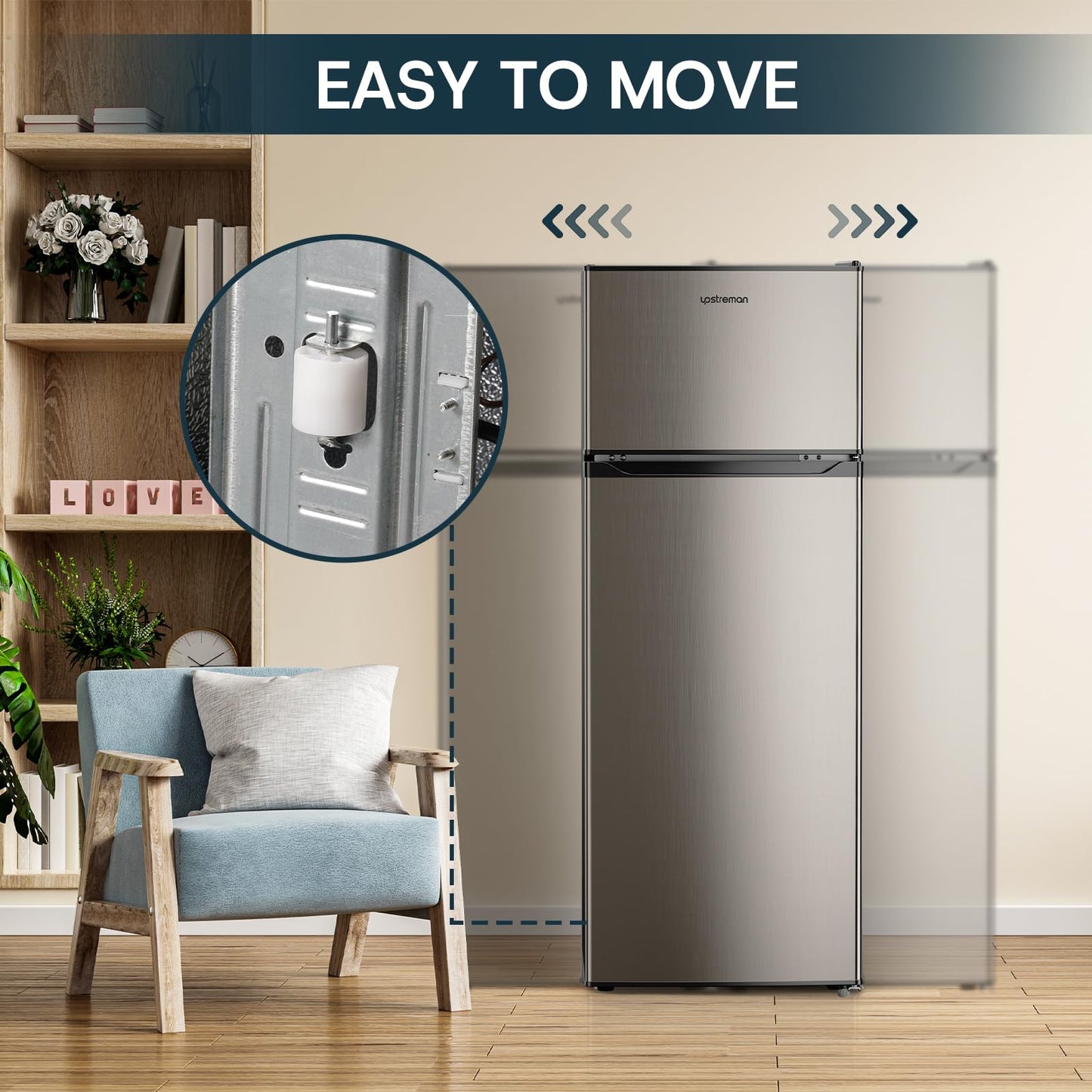 Upstreman 7.7 Cu.Ft. Refrigerator with Freezer, Double Door, Adjustable Thermostat, Large Capacity, Reversible Door Swing, Refrigerator for Apartment, Office, Dorm, Stainless (BD75)