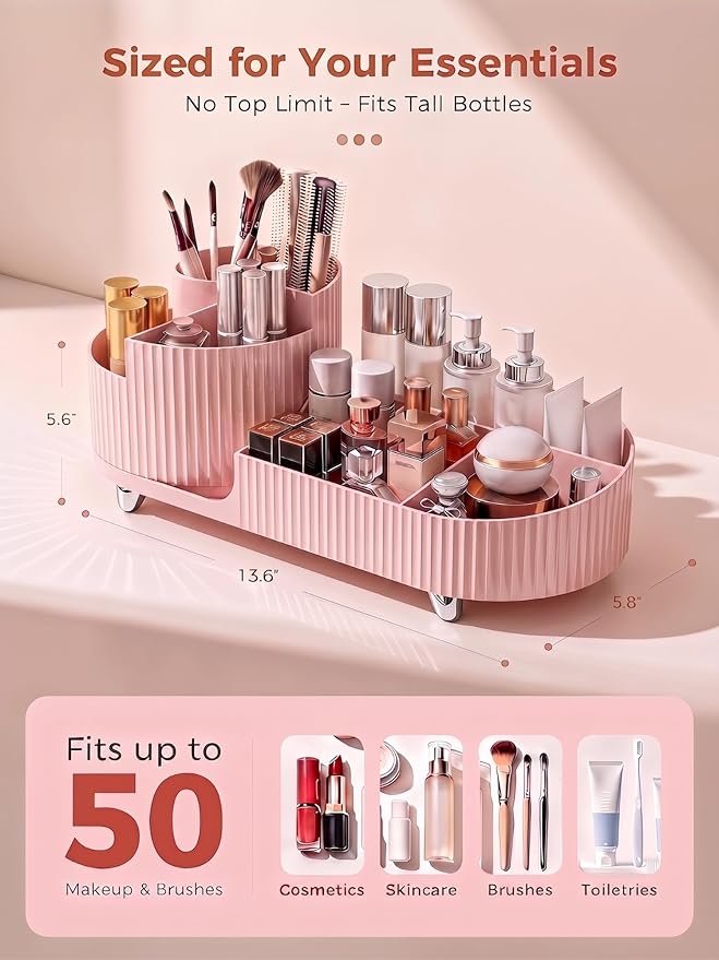 Booklov Rotating Makeup Caddy Organizer for Vanity, Large Capacity Cosmetic Display Case, Countertop Beauty Storage Holder for Skincare, Brush Eyeshadow Lipstick, Counter Desk Organization, Pink