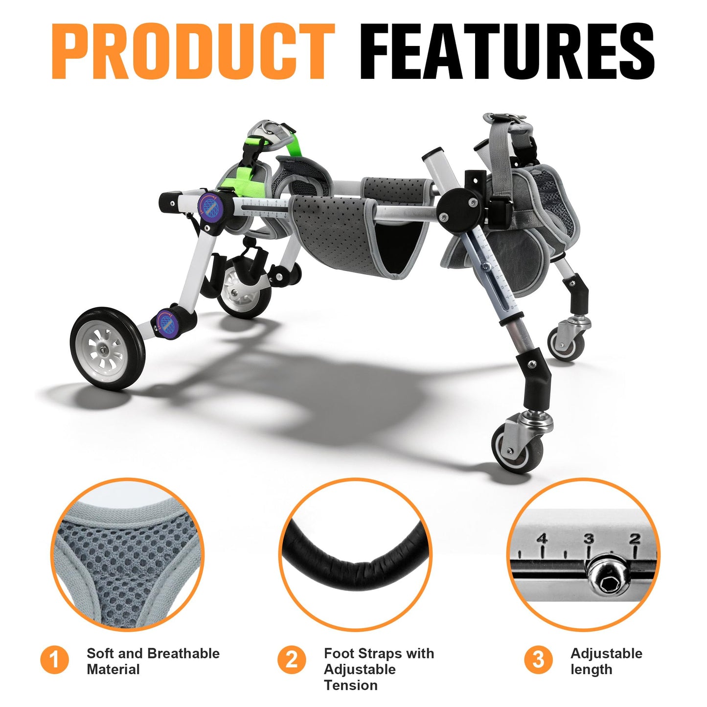 LetPetRun Dog Wheelchair 4 Wheels Adjustable, Full Body Support Dog Cart for Front & Rear Legs, Lightweight Mobility Aid for Disabled Small Dogs (XS for 11-18lbs)