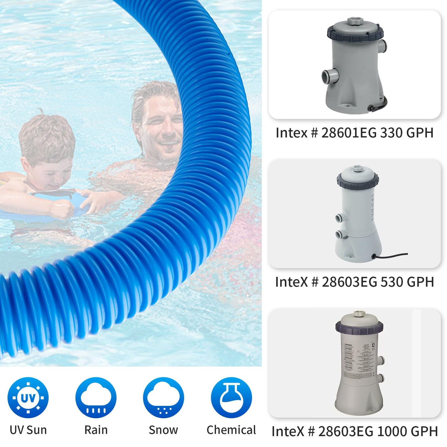 1.25 x 59 Inch Pool Hoses for Above Ground Pools,Pool Filter Pump Hoses,Compatible With Intex Filter Pump 607,637 With 12 Metal Clamps（3 Pack）
