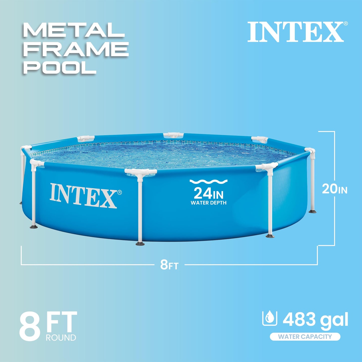 INTEX 28205EH Metal Frame Above Ground Swimming Pool: 8ft x 20in – Puncture-Resistant Material – Easy Assemble – Rust Resistant – 483 Gallon Capacity
