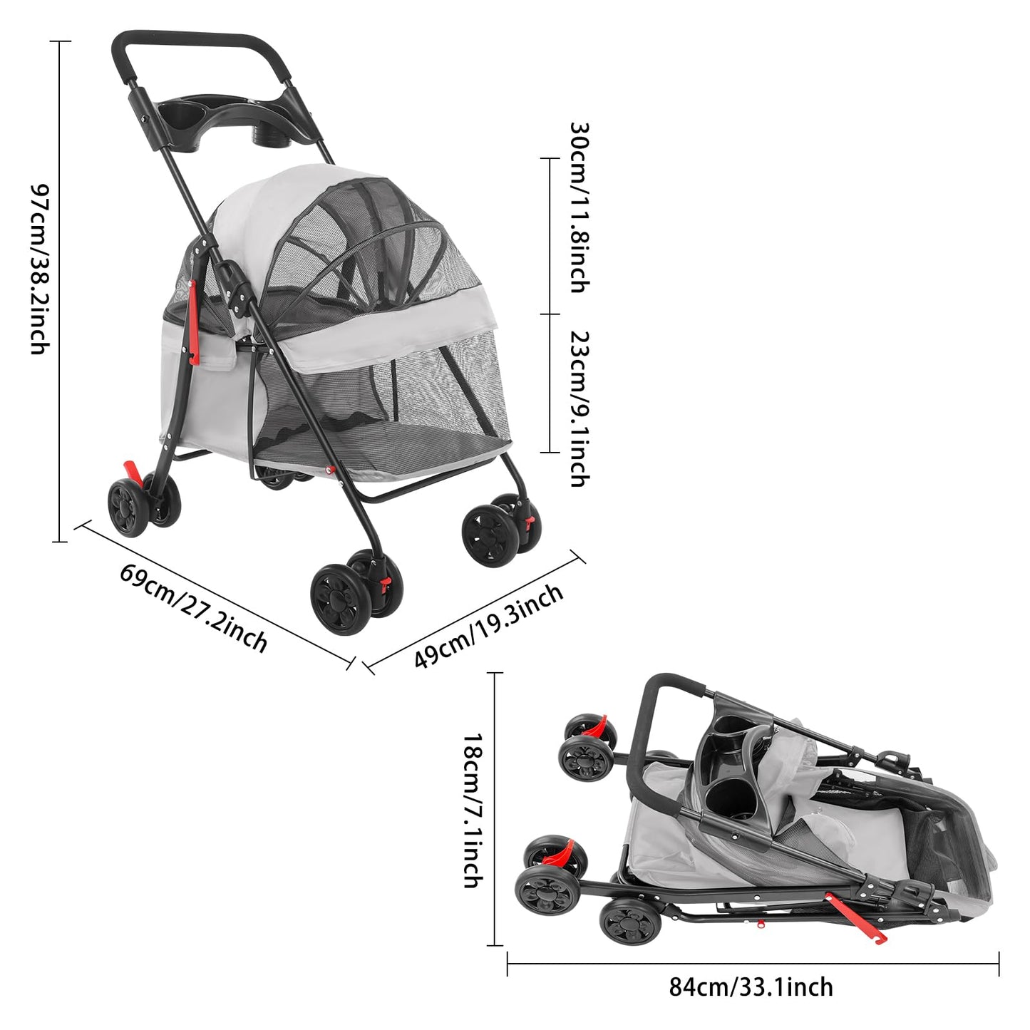 Pet Stroller for Small Medium Dogs Cats, Lightweight Foldable Pet Wagon with 360° Front Wheels & Brake, 40 lbs Capacity Carrier for Park Travel Shopping, Breathable Mesh Basket (Light Gray)