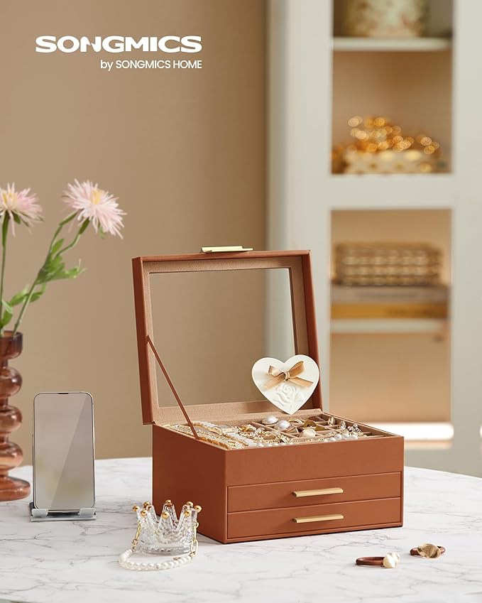 SONGMICS GISELLA Collection - Jewelry Box Organizer, 3-Layer Jewelry Storage with 2 Drawers, Shiny Metal Hardware, Glass Lid, Modern, 8 x 9.1 x 5.3 Inches, Caramel Brown and Gold Color UJBC239K01