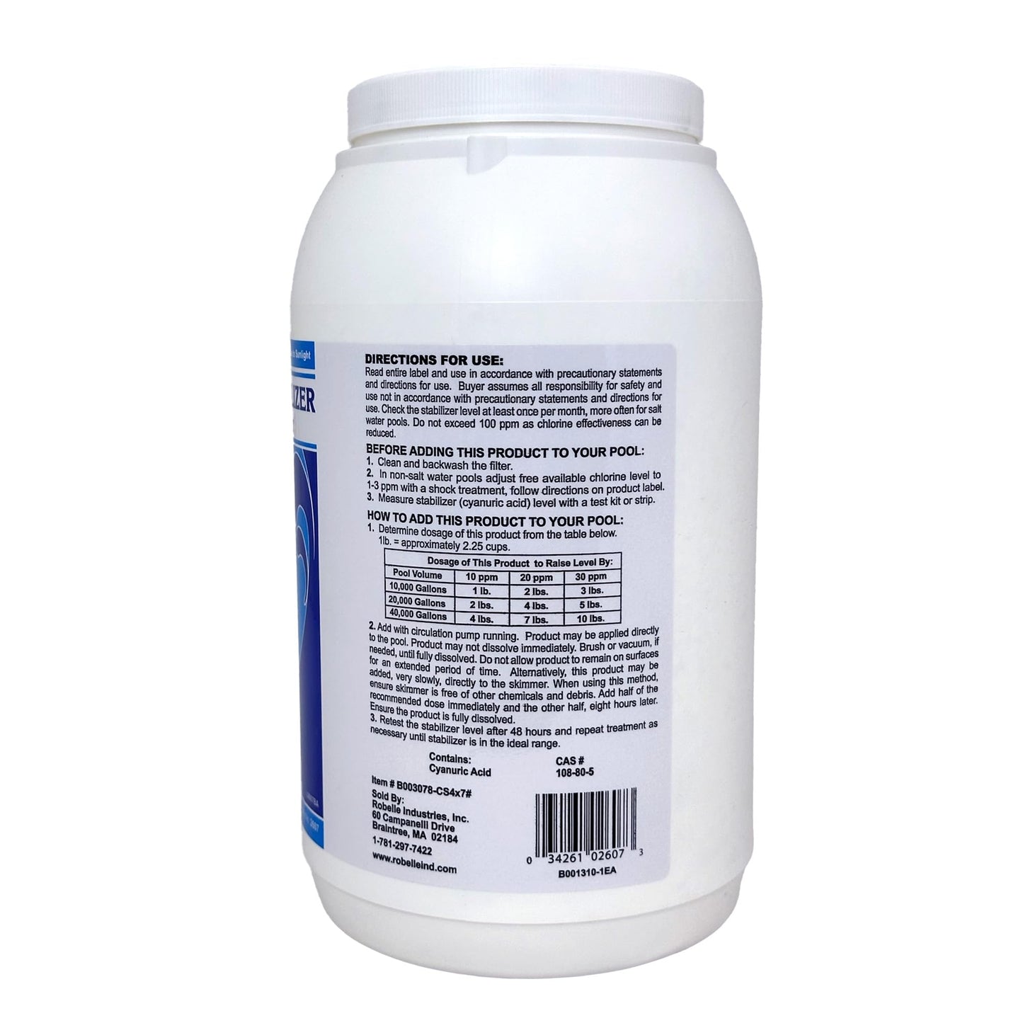 Robelle 7-Pounds Premium Chlorine Stabilizer and Conditioner, Concentrated Cyanuric Acid for Pools, Pool Stabilizer, Helps Chlorine Last Longer, Made in USA