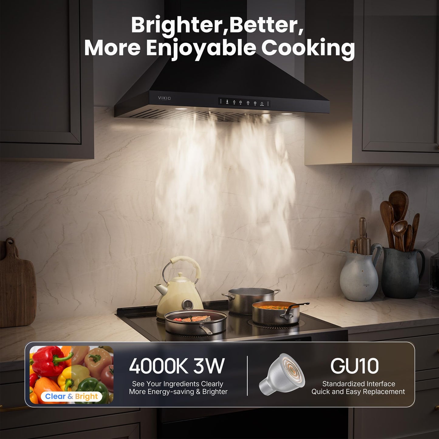 VIKIO HOME Wall Mount 36 Inch Range Hood 900 CFM, Ductless/Ducted Convertible, 3-speed Gesture Sensing & Touch Control, Black Painted Stainless Steel Vent Kitchen Hood with Permanent Baffle Filters