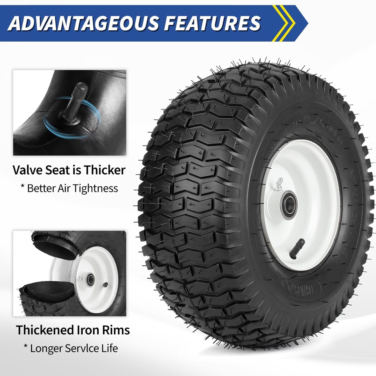 GICOOL 15x6.00-6 Rubber Lawn Mower Tire and Wheel, 2 Pcs Replacement 15x6-6nhs Riding Mowers Lawn Tire and Wheel with Bearing Bore 3/4", 3" Centered Hub