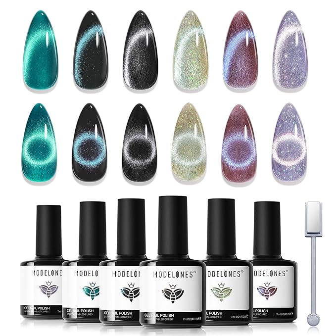 modelones Cat Eye Gel Nail Polish Set, 6 Colors 2026 Spring Summer Holographic 9D Glassy Cat Eye Glitter Gel Polish Set Black Blue Purple Green Nail Polish Kit W Magnet Soak Off LED Nail Art DIY Gift