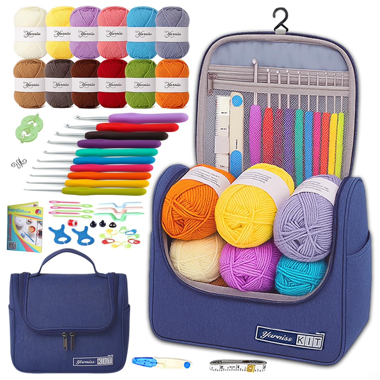 Yarniss Crochet Kits for Beginners,All in One Crochet Kits with 840 Yards Crochet Yarn,Ergonomic Crochet Hooks Set with Yarn for Adults,Navy