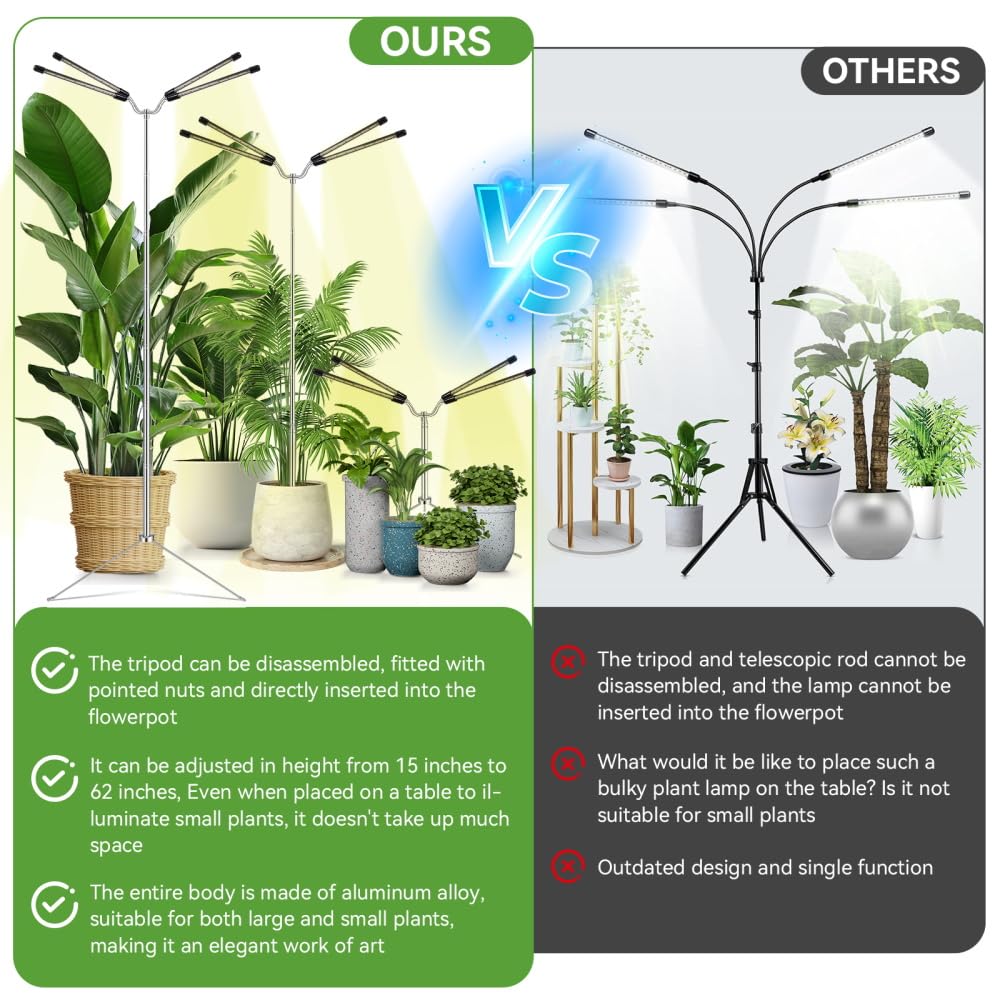 Grow Lights for Indoor Plants Full Spectrum,15-62 Inches Height Adjustable Dsektop and Standing Plant Growing Lights with Detachable Tripod Stand for Large and Small Plants, Auto On/Off Timer