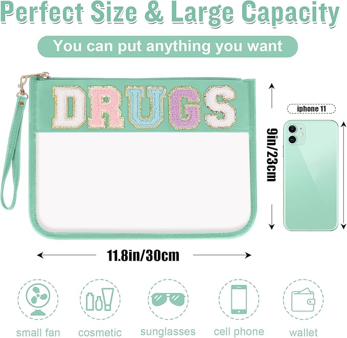 Chenille Letter Clear Bag Drugs Purse, Monogram PVC & PU Clear Zipper Pouch with Wristlet, Waterproof Portable Glitter Snacks Makeup Beach Toiletry Bag for Women Girls (DRUGS-Green)