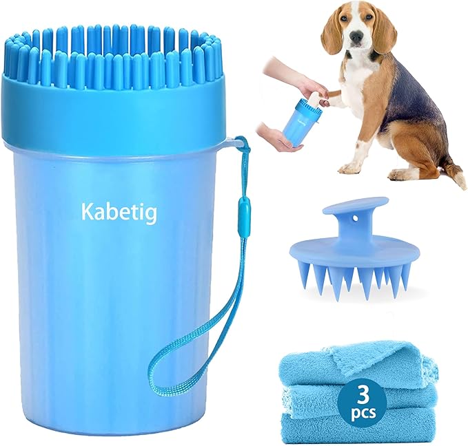 Dog Paw Cleaner Kit for Medium & Small Dogs - Quick Clean No Full Bath, 2-in-1 Paw Wash Cup with Detachable Silicone Brush Head, Includes Bath Brush & 3 Absorbent Towels, Blue