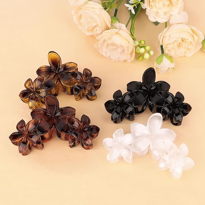 4Pcs Flower Hair Clips Large Matte Hair Claw for Women Non-Slip Strong Hold Clips for Thick Hair, Hair Accessories，Black，White，Leopard