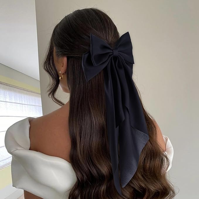 6Pcs Large Bows Hair Clips for Women Girls Long Tail Hair Ribbon Silky Satin Barrettes Coquette Hair Bows Accessories (Black)