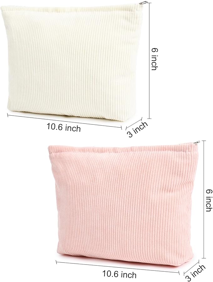 SOIDRAM 2 Pieces Corduroy Makeup Bag Large Corduroy Cosmetic Bag Capacity Canvas Travel Toiletry Bag Organizer Cute Makeup Brushes Aesthetic Accessories Storage Bag for Women, Corduroy L White Pink
