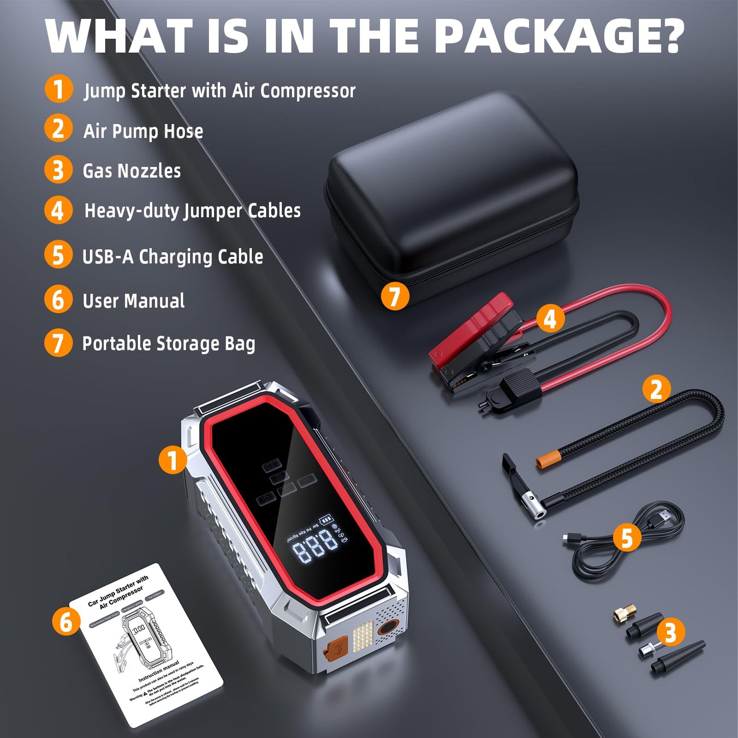 Jump Starter with Air Compressor, 5000A Peak Car Battery Jump Starter(9.0 Gas/8.0L Diesel), 160PSI 12V Jump Box Car Battery Jumper Starter Portable with Smart Jumper Cables, LED Lights, LCD Display