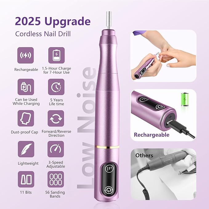 Cordless Nail Drill Electric Nail File Kit, Rechargeable Efile Set, Portable Acrylic Gel Nail Polish Remover Machine, Pedicure Manicure Tool, 11 Bits, 56 Sanding Bands, Salon Home, Purple