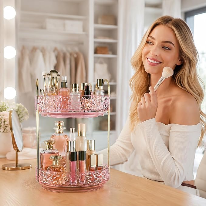 Fangoo 2 Tiers Pink Rotating Makeup Organizer for Vanity, 360 Spinning Skincare Organizers for Dresser Perfume Organizer Large Skincare Make up Storage Cosmetic Organizer for Bathroom Countertop