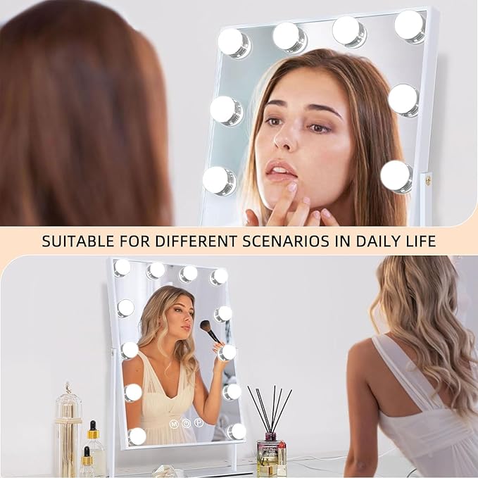 FENCHILIN Lighted Makeup Mirror Hollywood Mirror Vanity Makeup Mirror with Light Smart Touch Control 3Colors Dimmable Light Detachable 10X Magnification 360°Rotation